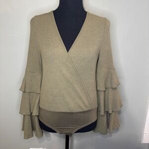 Peach Love Olive green Waffle Knit Bodysuit Top Wrap Big Bell Sleeve Shirt Small